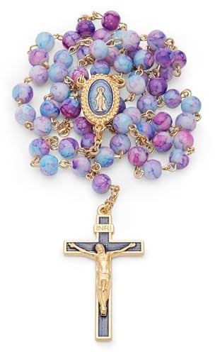 Mondo Cattolico - Rosario Cattolico della Vergine Miracolosa con Vetro Variegato su una Catena in Ottone Placcato Oro (Blu)