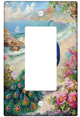 Scenic Beach Peacock Light Switch Cover Plate, Vibrant Floral Single Rocker Wall Plates, Spring/Summer Decor, Coastal Style, Standard Size Decorative Cover Single Rocker