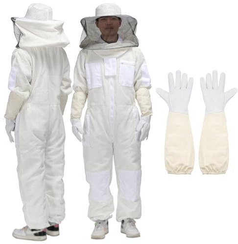 sourcing map Bienenanzug für Damen und Herren, Imkeranzüge, Outfit mit Handschuh und runder Schleierhaube, Bienenanzüge für Männer, Beweis, Hinterhof, Profi und Anfänger, Bienenhalter, dick, Weiß