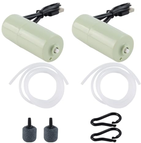 Enwye 2 Set Pompa per Ossigeno Portatile USB per Acquario, Ultra silenziosa, Flusso d'Aria Elevato, aeratore per Pesca a Tubo Singolo, Pietra, Verde