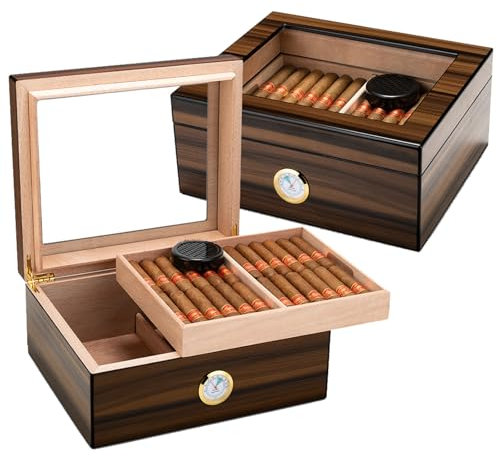 GCLCPAEN Humidor per Sigari,per Sigari da 25/50/75,Design A Doppio Strato,Vernice Pianoforte,Cerniera in Metallo,Dotato di Umidificatore E Igrometro,Piano in Vetro,Regalo per Uomo,Marrone Rossastro,S