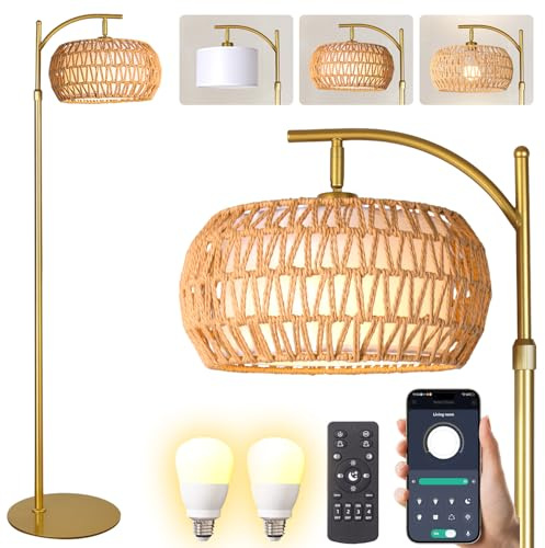 DRAWNCAT Gold Boho Rattan Floor Lamp w/Remote, Dimmable (2700K - 6000K), 2 - in - 1 Wicker & Fabric Shade, Adjustable 165-172cm for Living Room & Bedroom