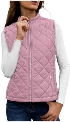 NSICBMNO Pink Body Warmer For Women With Zip Pockets Ladies Quilted Gilet Stand Collar Waistcoat Zip Up Vest Lightweigt Down Jacket Padded Gilet Slim Fit Vest Winter Waistcoat Outwear