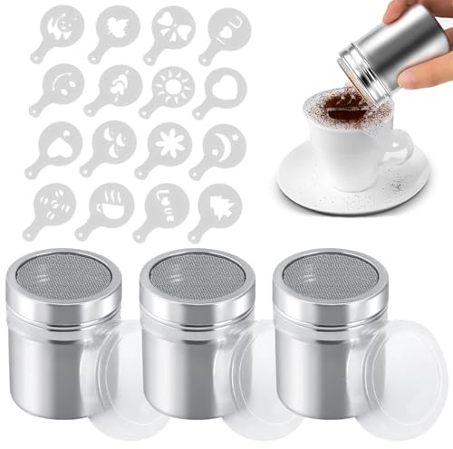 XPEX 3 Pièces Saupoudreurs en acier inoxydable avec couvercle avec 16 moules pour moulin à sucre en poudre, saupoudreur de cacao, cappuccino, saupoudreuse à sucre en poudre