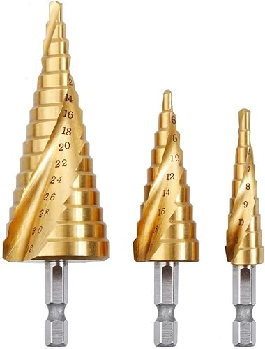 3PCS Foret Fraise Meche Etage, HSS Inox Metal, 4-12/20/32mm, Triangle Conique Titane, avec Tige Hexagone, Pour Visseuse Percage sur Acier, Laiton, Bois, Plastique