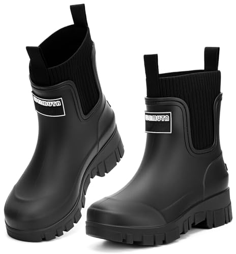 FOGOIN Women Chelsea Rain Boots Mid-Calf Waterproof Lightweight Non-Slip Garden Booties Warm Lined Comfortable Slip On