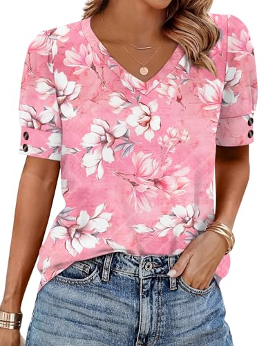 Rapbin Womens Tops Summer V-Neck Tie Short Sleeve Casual Loose-Fit Casual Tunic Shirts with Buttons(Pink Floral,M)