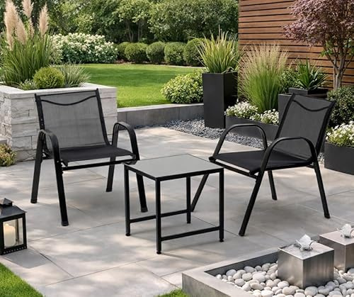 Tata Home Salottino da Giardino Set Salotto da Esterno per Terrazzo Tavolo con Piano in Vetro 2 Sedie in Textilene Traspirante e Idrorepellente Set Bistrò Veranda Moderno Colore Nero Mod. Palermo