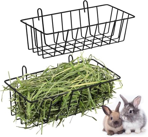 2 comederos de heno de metal para conejo, soporte colgante para heno, jaula de almacenamiento de alimentos para cobayas, chinchillas, hurones, animales pequeños, color negro, 23 x 10 x 7,5 cm