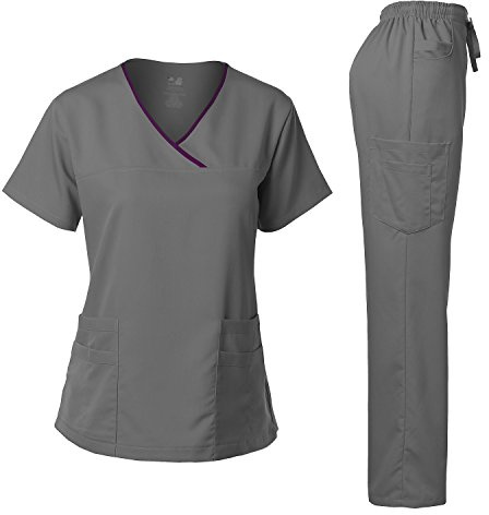 Dagacci Medical Uniform® Scrubs for Women Set – Natural Stretch Contrast Binding Top and Pants Sets for Women – 9 Pockets (XX-Small, Pewter Grey)