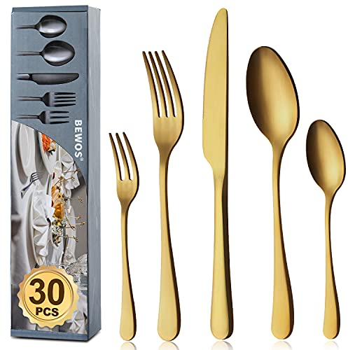 BEWOS Besteck Set für 6 Personen, 30 teilig Titanium Gold Essbesteck Set inkl. Messer, Gabel, Löffel, Besteck Edelstahl, Spülmaschinenfest (Matt Gold)