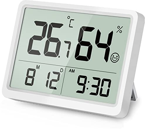 DOOMAY Digital Thermometer Indoor Hygrometer: Accurate Temperature Monitor with Large LCD Digits, Small Calibrated Humidity Meter with Time Date for Home Baby Room Garage Wine Cellar (White)
