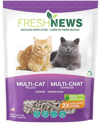 Fresh News Recycled Paper Multi-Cat Pellet Non-Clumping Paper Cat Litter, 25 Pound, 2X Odor Control, Made in USA