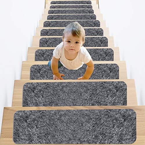 14Pcs Stair Carpet Treads, Stair Stickers Self-adhesive, 55 * 20CM Non-Slip Stair Mats Stair Runner Carpet for Staircases, Solid Wood Stair Mat Safety Washable Stair Rug for Kid Elder Pet -Dark Grey