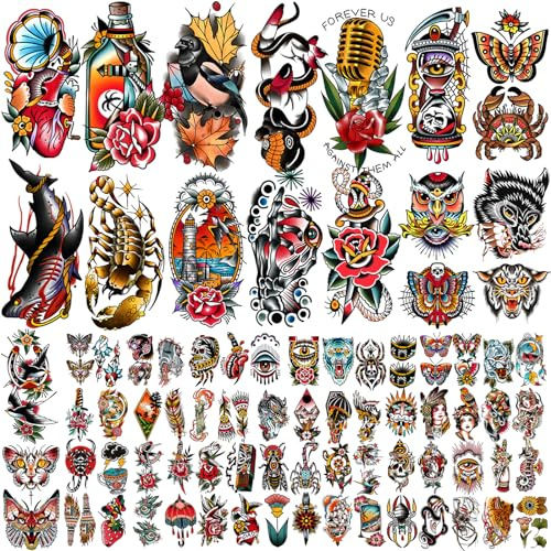 77 Fogli Tatuaggi Temporanei Vintage Old School Fiore Farfalle Tigre Scorpione Serpente Mano Gufo Spalla Braccio