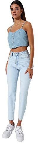 Trendyol Donna Vita Alta Gamba Dritta Mom Jeans Pantaloni, Azzurro, 44