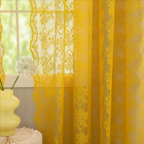 YJ YANJUN Mustard Curtains for Living Room 84 Inch Long Set of 2 Vintage Floral Lace Gold Sheer Panels Light Filtering Rod Pocket Yellow Boho Curtains for Bedroom W52 X L84 inch Dark Gold