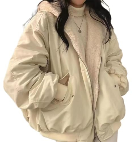 Sumleno Sherpa Jacket for Women Teen Girls Reversible Y2k Zip Up Hoodie Fleece Fur Grunge Winter Coat Cutecore Korean Clothes (Beige,M)