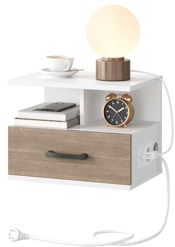 HOOBRO Table de Nuit Suspendue, Table d'Appoint Murale avec Station de Charge et tiroir Rabattable, Bout de Chevet avec 1 Prise Standard et 2 Ports USB, 2 Modes de Montage, Blanc et Gris EWG127CBZ01