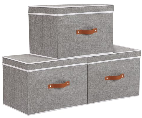 YheenLf Aufbewahrungsbox mit Griffen, Faltbare Aufbewahrungsboxen mit Deckel, Kleiderschrank Organizer für Schränke, Waschbare, Grau, 3 Stück, 33x23x20cm