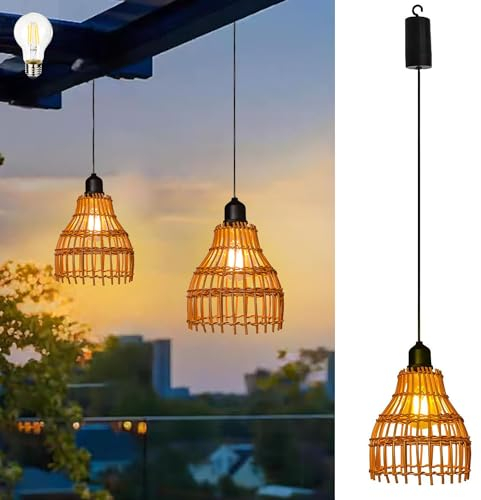 KZT Akku Pendelleuchte Boho Rattan Hängelampe Außen Innen E27 Vintage Hängeleuchte mit Batterie IP44 Deckenleuchte ohne Strom Stromanschluss Outdoor Beleuchtung für Garten Esszimmer