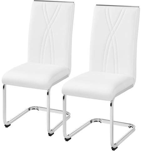 Yaheetech Dining Chairs Set of 2 Modern Kitchen Chairs with Faux Leather Seat and Sturdy Metal Legs for Dining Room, Kitchen, White