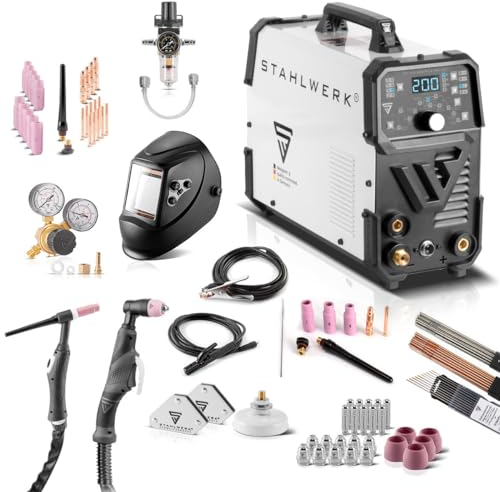 STAHLWERK Soldadora combinada 4 en 1 DC TIG 200 Pulse Pro CUT - totalmente equipada - Máquina de soldar compacta y potente, inversor digital IGBT 200 A, TIG DC, MMA, pulse y plasma 40 A