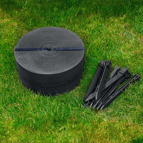 UNIGARDIA Bordure de Jardin Flexible 10m avec 20 piquets d'ancrage - Hauteur 13cm, Épaisseur 3mm - Bordure de Gazon en Plastique - Bordure de Pelouse résistante aux UV, Noir avec Décor en Bois