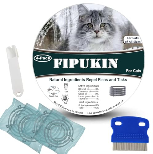 FIPUKIN Flea and Tick Collar for Cats, 4‑Pack | Value Pack at $8.50 per Collar, 8‑Month Waterproof Protection | Includes Comb & Tick Removal Tool, Ideal for Multi‑Cat Homes