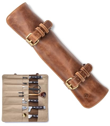 Angus Stoke Messertasche für Kochmesser aus Büffelleder | 14-Fächer Leder-Messerrolle für Köche – Messer Kochtasche Gross Duplex (Braun)