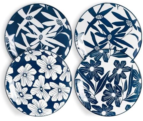 ONEMORE Dinner Plates Set of 4, 8.5 Inch Ceramic Blue and White Salad Dessert Appetizers Plates, Microwave & Dishwasher Safe Scratch Resistant, Small Serving Dish Platters