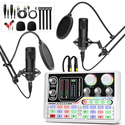 Hayner-Seek Podcast Equipment Bundle for 2, Voice Change, Audio Interface for Live Streaming with Studio Microphone for Recording, Gaming,Live-broadcast, YouTube-White