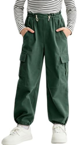Rolanko Niñas Pantalones de Carga con Cinturón Ajustable Elástico de Cintura Alta Corduory Joggers Niños Hip Hop Danza Pantalones, Verde, Talla: 11-12 Años/160