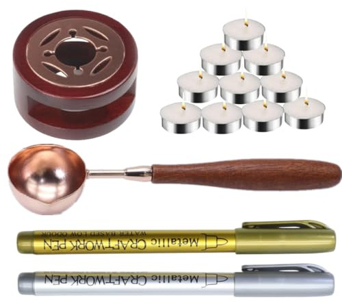 Wax Stamp Seal Kit, Wax Seal Kit Include Sealing Warmer, Melting Spoon, Candle,Marker Pens，Retro Melt Stove Pot Furnace Tool for Envelope Letter Mailing Crafts DIY, Brown(Wood)