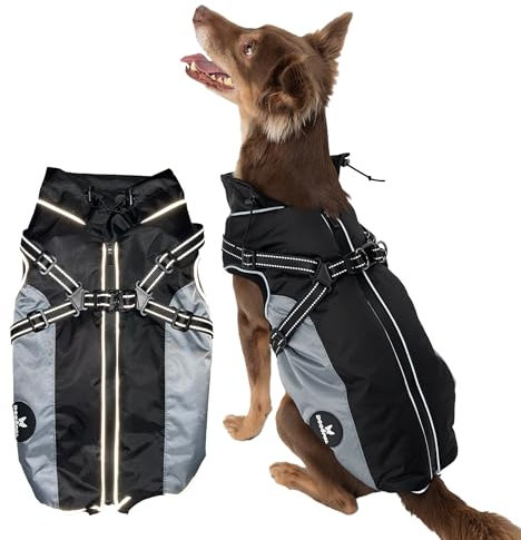 DOGOPAL Regenmantel Hund mit Integriertem Geschirr – Wasserdichter Hunderegenmantel, Winddichter Hundemantel, Reflektierende Regenjacke für Kleine & Große Hunde, Hohe Sichtbarkeit (Grau, #5)