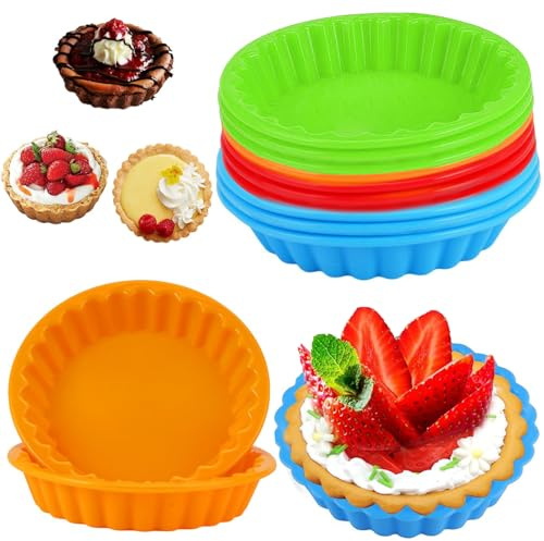 sinzau Silikon Mini Tarteform, 12 Stück Antihaft Quicheform, 11 CM Tartelette Förmchen, Mini Runde Silikonform,Tortelett Silikonbackformen, Silikon Muffinförmchen, für Tarte, Grün, Blau, Orange, Rot