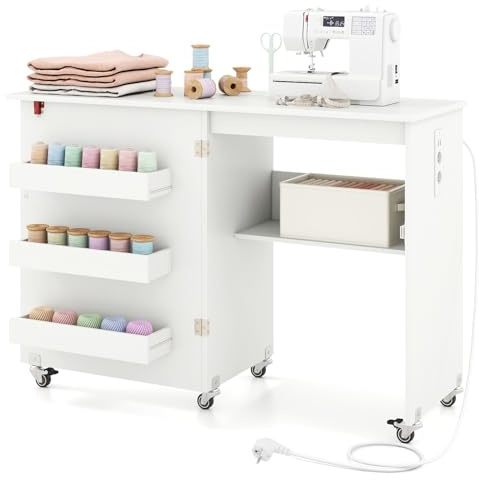 GIANTEX Nähtisch mit Ladestation, Nähmaschinentisch klappbar, Nähschrank mit Rollen, Nähmaschinenschrank Holz mit Stauraum, Nähtisch für Nähmaschine, Mehrzwecktisch 116 x 41 x 78 cm (Weiß)
