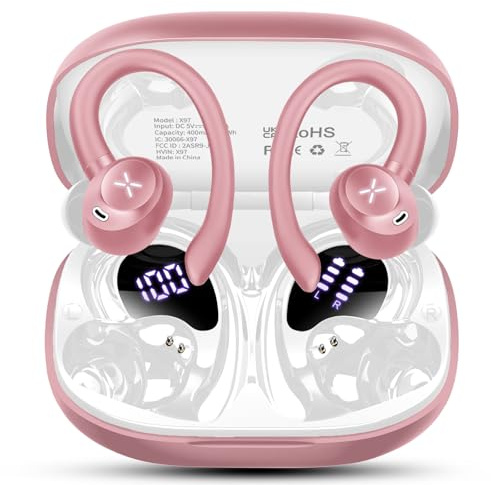 Wireless Earbuds Sport, Bluetooth 5.4 Headphones with 50H Deep Bass Stereo, Wireless Earphones with Earhooks 4 Noise Cancelling Mic, Bluetooth Earbuds IP7 Waterproof, LED Display for Running/Gym Rose