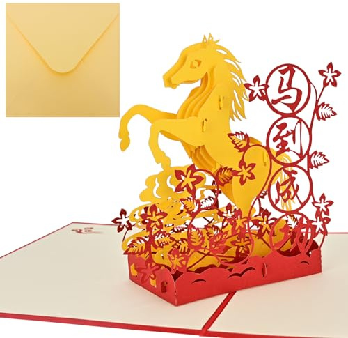 LEHEEYWT Chinese New Year Cards 2026, 3D Pop Up The Horse Greeting Card, Chinese New Year Gift Decorations for Spring Festival Holiday with Envelope