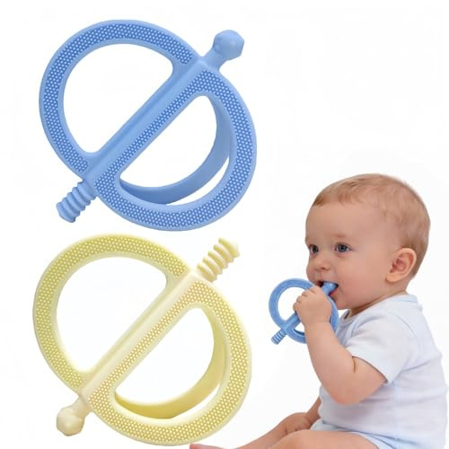 uwsic 2-Pack Baby Teething Toys, Food Grade BPA-Free Silicone Baby Teether for 3-18 Months, Ring-Shaped Teething Toy for Babies, Multi-Textured Choke-Proof Easy Grip Teether for Infants (Blue&Yellow)