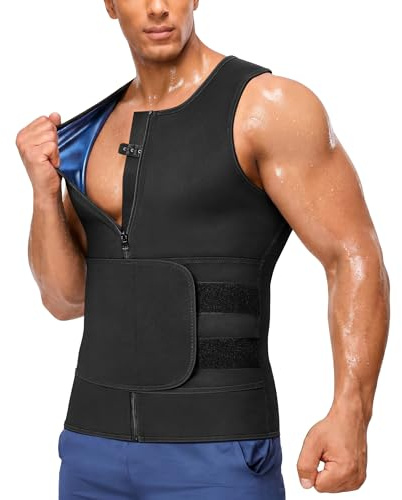 Junlan Gilet de sauna pour homme avec fermeture éclair et ceinture de sudation pour graisse du ventre Maillot de sudation Homme Gilet de Sudation
