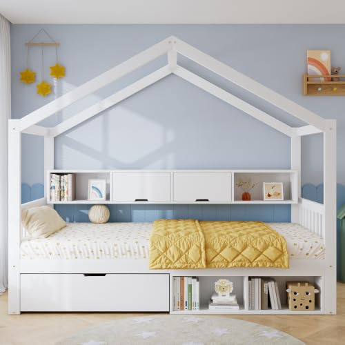 Merax Kids Single Bed Frames 3FT Children's Storage Bed Wooden House Cabin Bed, with Storage Compartments & Wheeled Drawer, Roof-Shaped Frame design, Sturdy Safety Guardrail, White,90x190cm