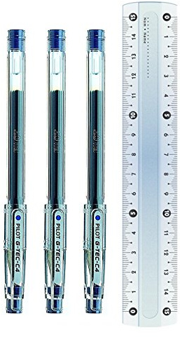 Pilot G-Tec C4 Tintenroller Gel Micro, 0,4 mm Spitze Fineliner Blau (3 Stück + Gratis Lineal)