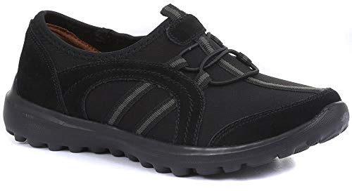 Pavers Ladies Lightweight Slip-On Trainers in Black with Vibrant Stripe Design & Memory Foam Insole - Premium Comfort Female Footwear - UK 5 / EU 38