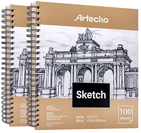 Artecho Skizzenbuch A4, 2×100 Blatt, 90g, Weiß, 22,9 x 30,5 cm Zeichenblock, Skizzenpapier zum Zeichnen mit Bleistift, Kohlestift und Marker.…