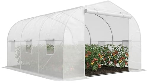 Outsunny Serre Tunnel de Jardin 6 Fenêtres Enroulables 3,5x3x2m Blanc | Serre pour Jardin Grande, Porte Zippée, Acier Galvanisé, PE Haute Densité