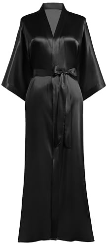 PRODESIGN Kimono Robe de Chambre Longue en Satin pour Femme Peignoir en Satin Monochrome Taille Unique Noir