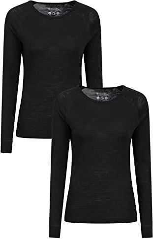 Mountain Warehouse Merino Womens Round Neck Top 2-Pack - Lightweight & Moisture Wick Breathable Baselayer - Best for Spring Summer, Outdoors, Travelling & Hiking Black (Multipack) Women's Size 12
