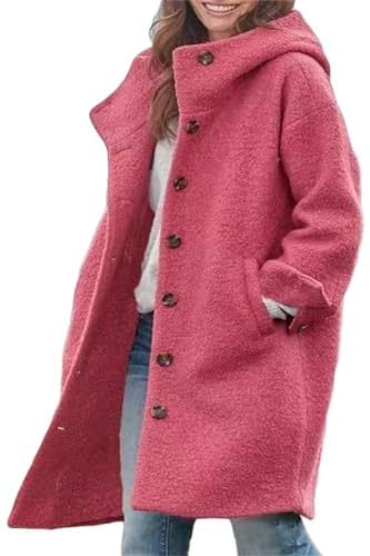 shownicer Manteau Femme Hiver Long Elegant en Laine Grandes Tailles Chic Slim Chaud Revers À Double Boutonnage Veste avec Ceinture Mode Coat Outwear B Rose Rouge M