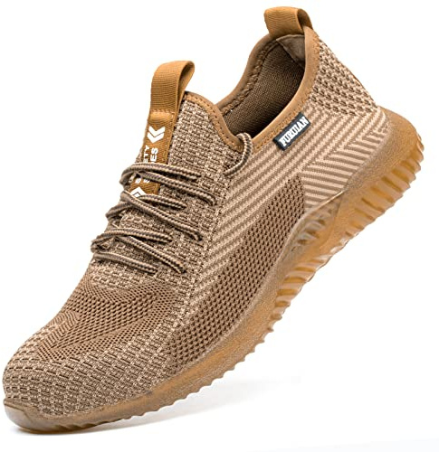Furuian Steel Toe Shoes for Men Women Comfortable Non Slip Men's Safety Steel Toe Sneakers Industrial Warehouse Contstruction Work Shoes for Men Brown